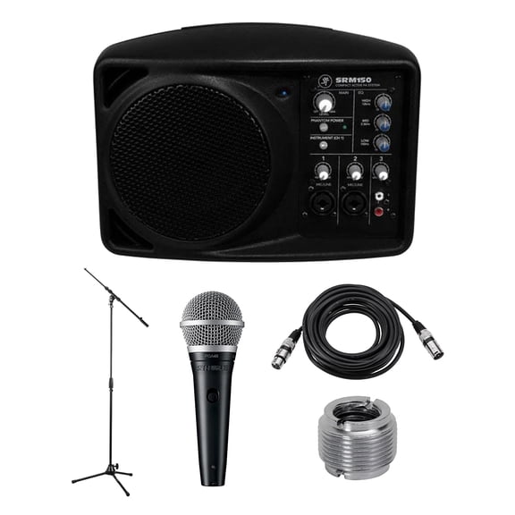 Mackie 5.25in Compact Powered PA System, 150W, 8 Ohms Impedance - Bundle With Behringer ULTRAVOICE XM8500 Cardioid Vocal Microphone, Samson MK10 Lightweight Boom Mic Stand, 20' XLR Microphone Cable