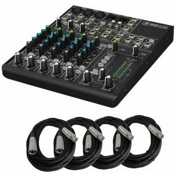 Mackie 802VLZ4, 8-channel Ultra Compact Mixer with High-Quality Onyx Preamps & 4 MR DJ 20 Feet XLR Cables Bundle