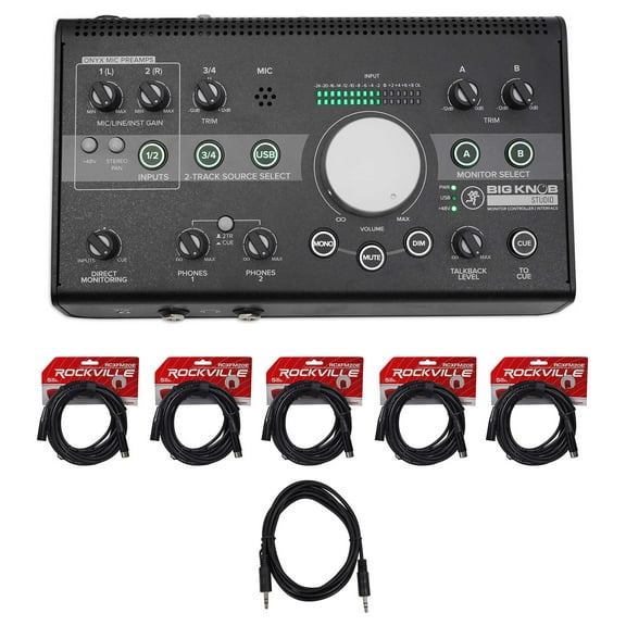 Mackie Big Knob Studio 3x2 Monitor Controller 96kHz USB I/O+XLR Cables+AUX Cable