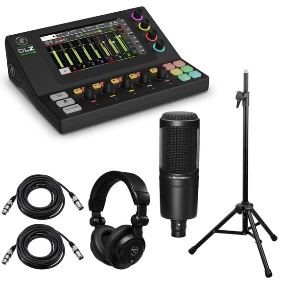 Mackie DLZ Creator XS Compact Adaptive Digital Mixer, Bundle with AT2020 Microphone, Stand, TAPH100 Headphones and 2x XLR Cables