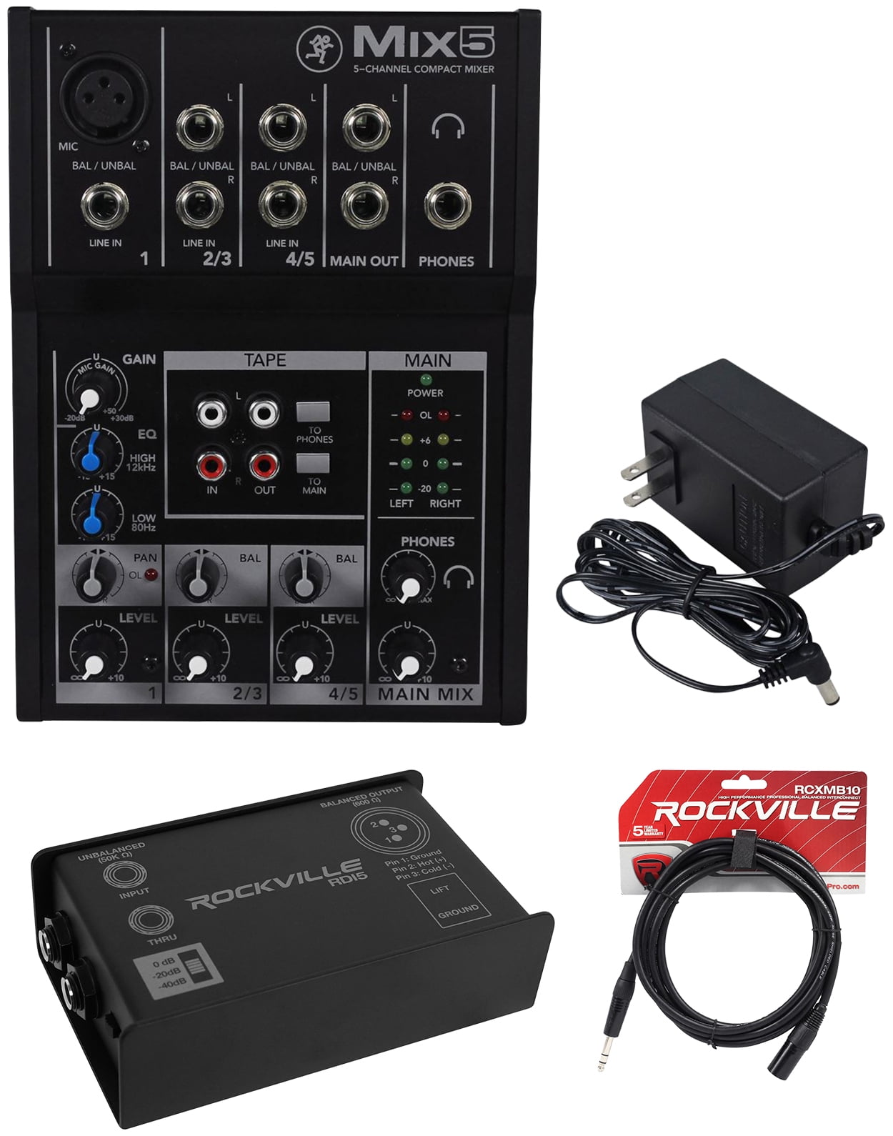 Mackie Mix 5 Channel Mix5 Mixer Low Noise + Rockville DI Box