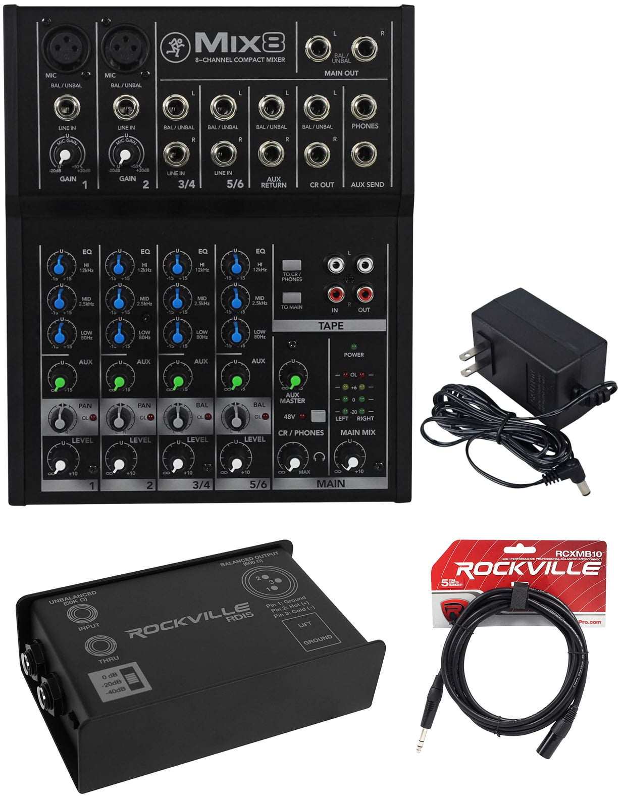 Mackie Mix 8 Channel Mix8 Mixer Low Noise + Rockville DI Box