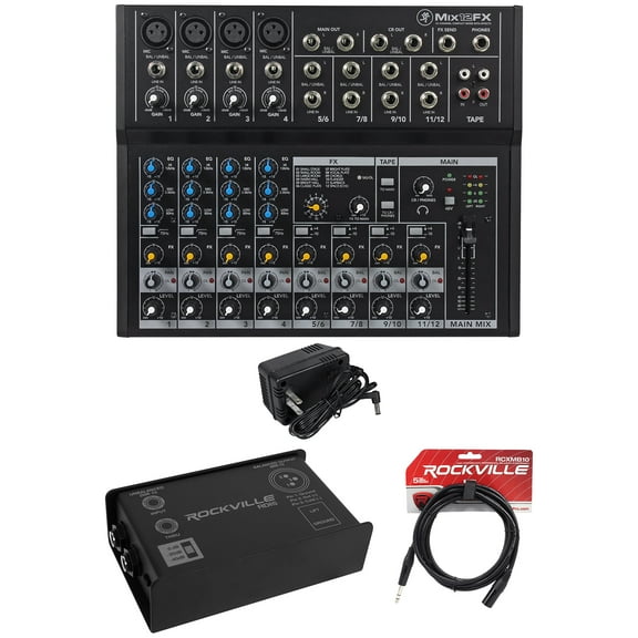 Mackie Mix12FX 12-Channel Mixer w/FX + Rockville DI Box +Cable