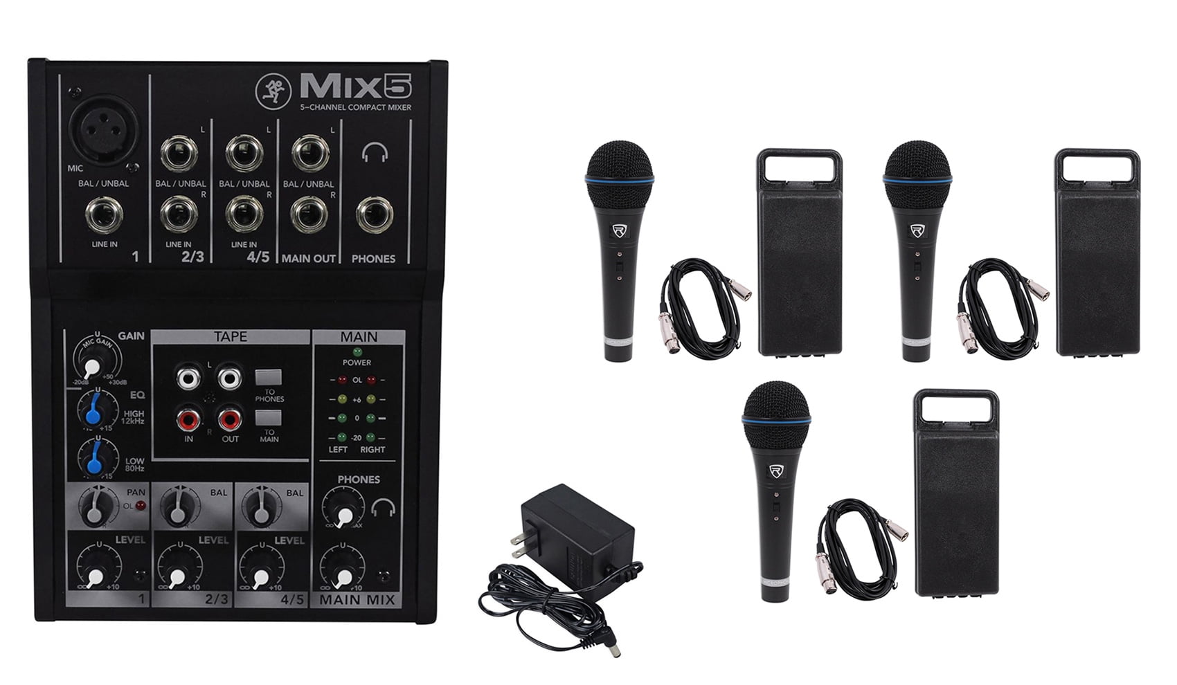 Mackie Mix5 Compact 5-Channel PA Mixer+(3) Microphones+(3) XLR Cables