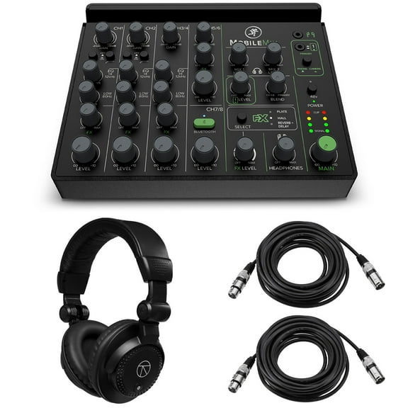 Mackie MobileMix 8-Channel USB-Powered Audio Mixer, Bundle with TAPH100 Headphones and 2x XLR Cables