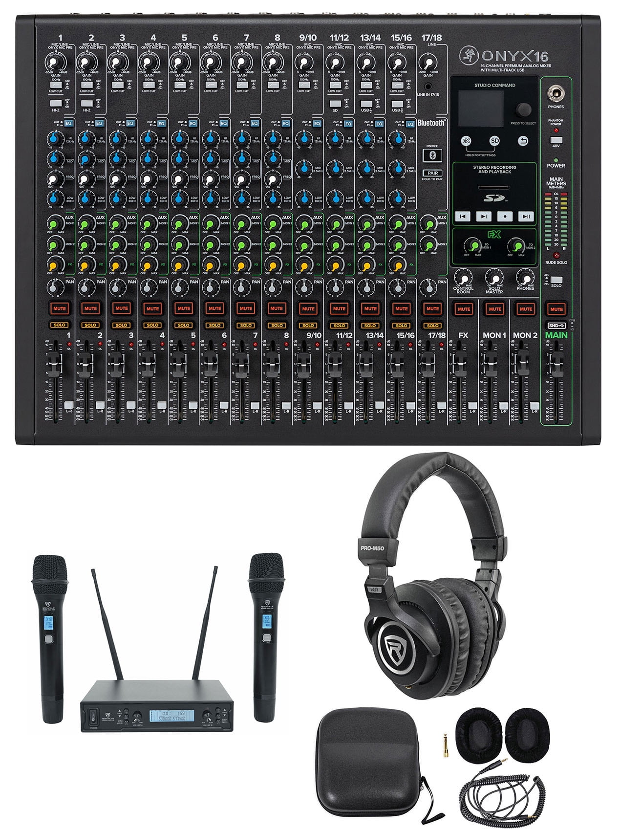 Mackie ONYX16 16-Channel Analog Mixer w/USB/3-Band EQ+Bluetooth+Mics+Headphones