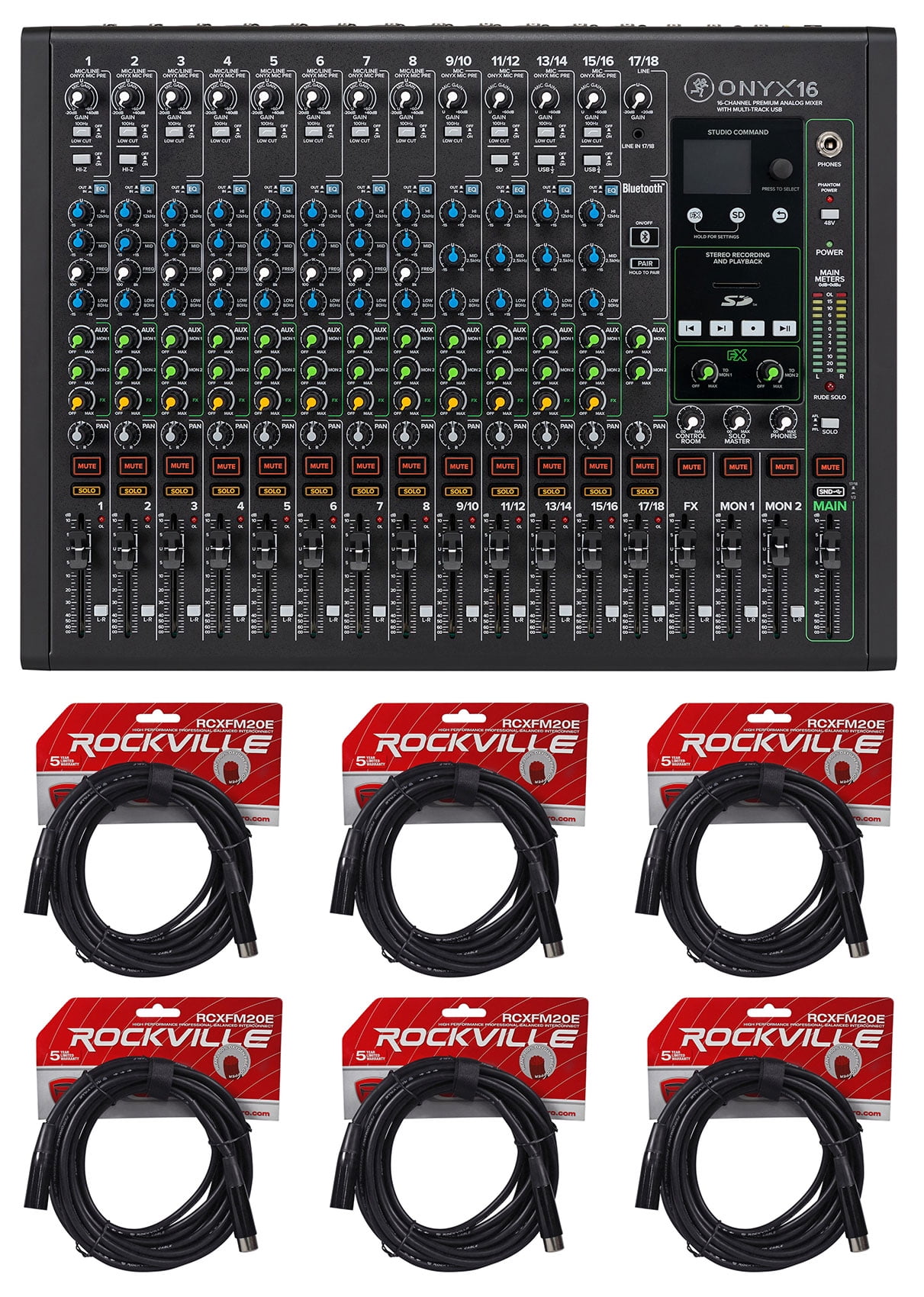 Mackie ONYX16 16-Channel Mixer w/ Multi-Track USB/3-Band EQ+Bluetooth+XLR Cables