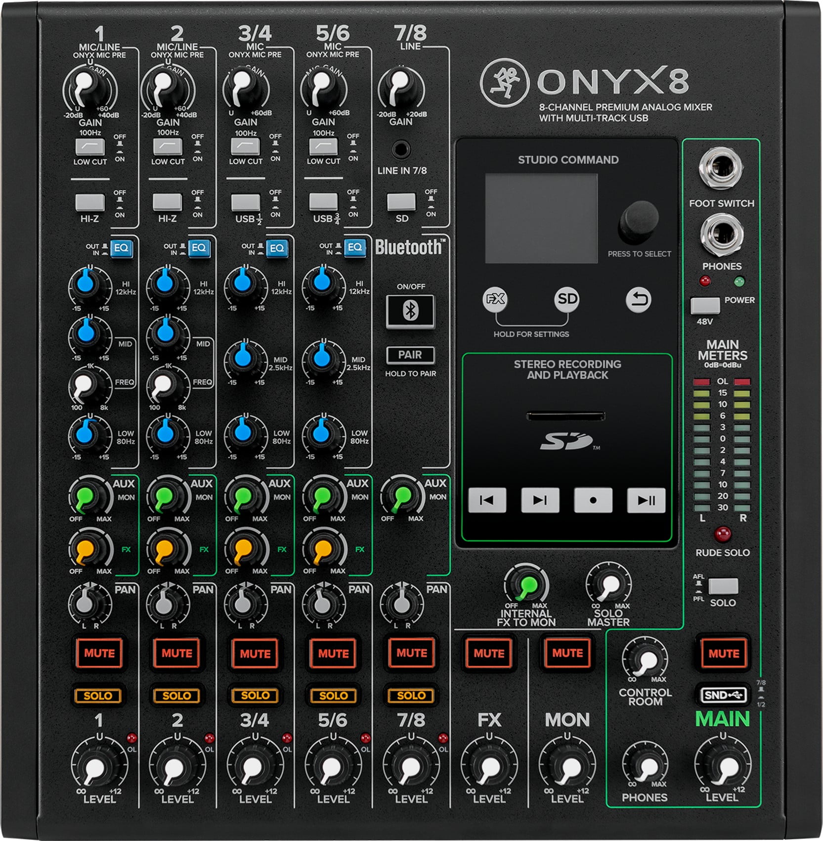 Mackie ONYX8 8-Channel Analog Mixer w/ Multi-Track USB/3-Band EQ+Bluetooth