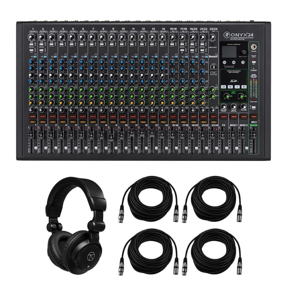 Mackie Onyx 12-Channel Premium Analog Mixer with Multi-Track USB, Bundle with TAPH100 Headphones and 4x 50' XLR Microphone Cable