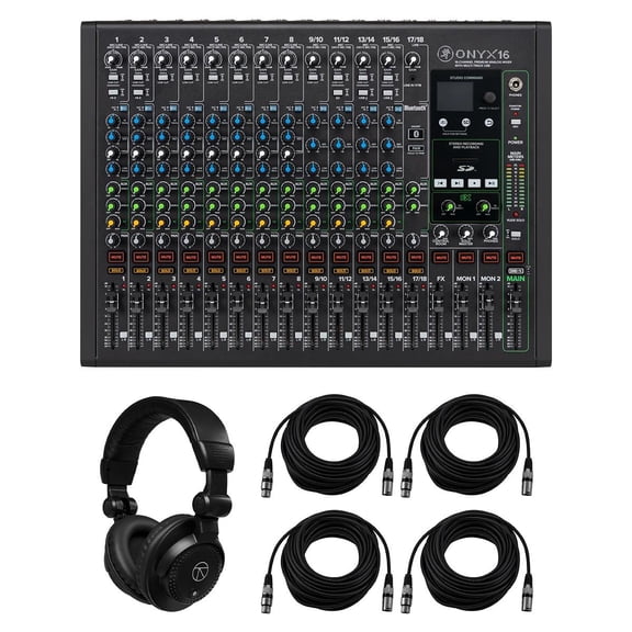 Mackie Onyx 16-Channel Premium Analog Mixer with Multi-Track USB, Bundle with TAPH100 Headphones and 4x 50' XLR Microphone Cable