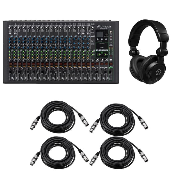 Mackie Onyx 24-Channel Premium Analog Mixer with Multi-Track USB, Bundle with TAPH100 Headphones and 4x 25' XLR Microphone Cable