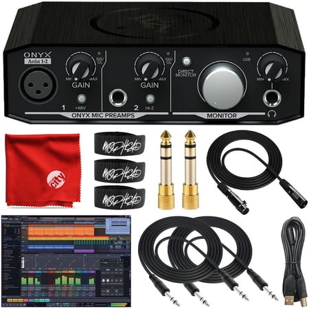 Mackie Onyx Artist 1-2 USB Audio Interface Bundle with Waveform OEM DAW Software, 2x Mophead 10-Foot TRS Cables, 10-Foot XLR Cable, 2x 1/4" to 3.5mm Adapter, 3x Cable Ties, Microfiber