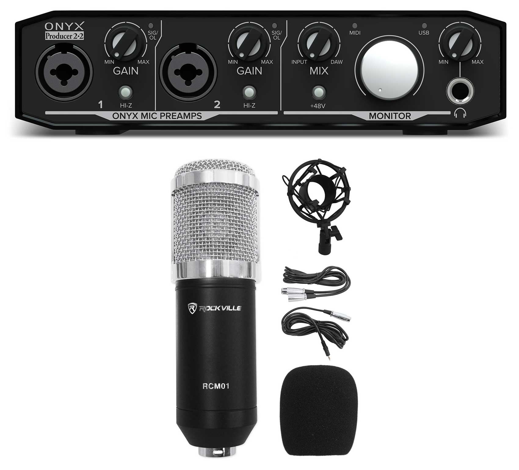 Mackie Onyx Producer 2.2 2x2 USB MIDI Recording Studio Interface+Mic+Cable+Mount