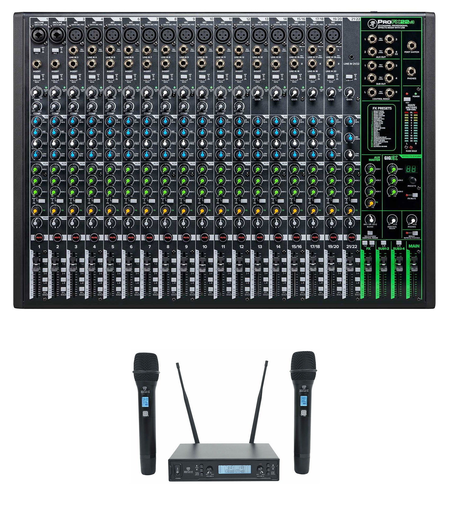 Mackie ProFX22v3 22-Channel 4-Bus Effects Mixer w/USB+Wireless Mics ProFX22 v3