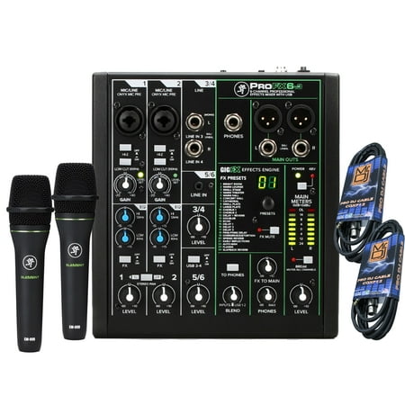 Mackie ProFX6v3 6-Channel Mixer with Built-in Effects and USB + 2 Mackie EM-89D Cardioid Dynamic Vocal Microphone + Free Microphone Cables