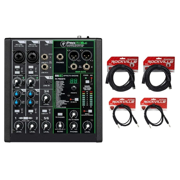 Mackie ProFX6v3 6-Channel Pro Effects Mixer w/USB ProFX6 v3+XLR+1/4" Cables