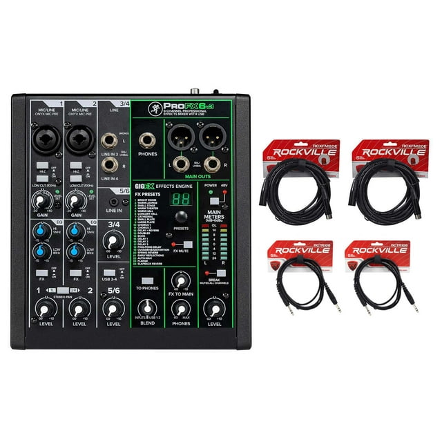 Mackie ProFX6v3 6-Channel Pro Effects Mixer w/USB ProFX6 v3+XLR+1/4" Cables