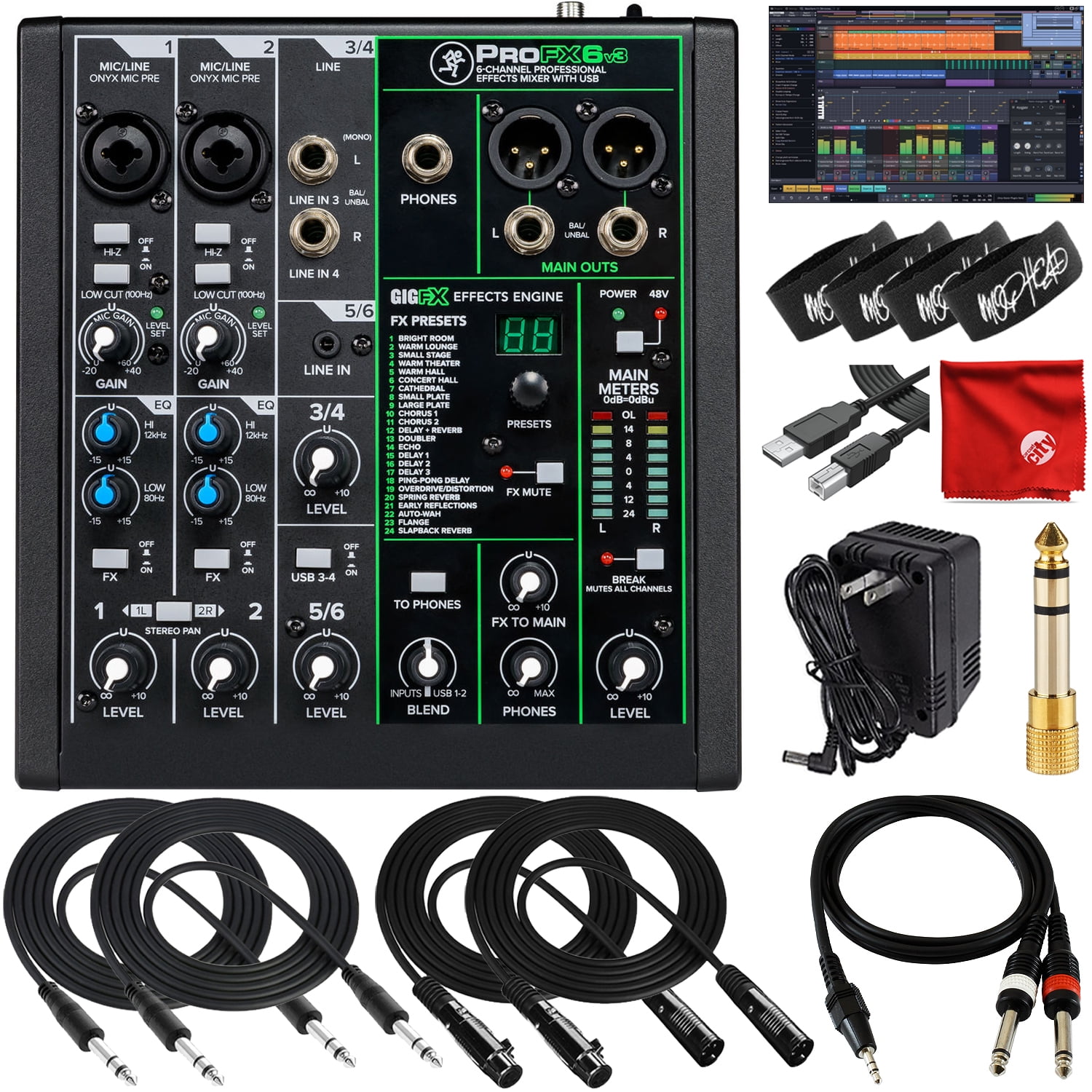 6-Channel　USB　10-Foot　10-Foot　Microfiber　Bundle　with　and　ProFX6v3　to　Mophead　TS　Unpowered　Ties　OEM　Cable　2x　Mackie　Cable,　4x　TRS　XLR　Cable,　3.5mm　Mixer　1/4