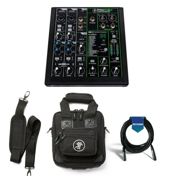 Mackie ProFXv3 6-Channel Professional Effects Mixer with USB + Software Bundle - Bundle With Mackie Carry Bag for ProFX6v3 Mixer, 20' Heavy Duty 7mm Rubber XLR Microphone Cable