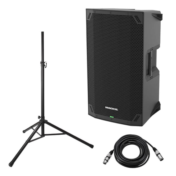 Mackie Thump12v4 12" 1400W Professional Powered PA Loudspeaker with TURNSTILE SPEAKER STAND, BLACK, and H&A XLR M TO F PRO MIC CABLE 25FT