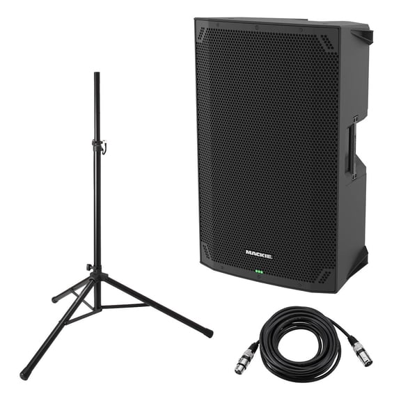 Mackie Thump15v4 15" 1400W Professional Powered PA Loudspeaker with TURNSTILE SPEAKER STAND, BLACK, and H&A XLR M TO F PRO MIC CABLE 25FT