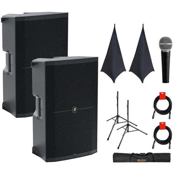 Mackie Thump215 1400W 15" Powered PA Loudspeaker System (Pair) Bundle with 2x On-Stage SSA100 Speaker Stand Skirt, Auray SS-47S-PB Steel Speaker Stands and Carrying Case, Vocal Mic, and 2x XLR-XLR Cab