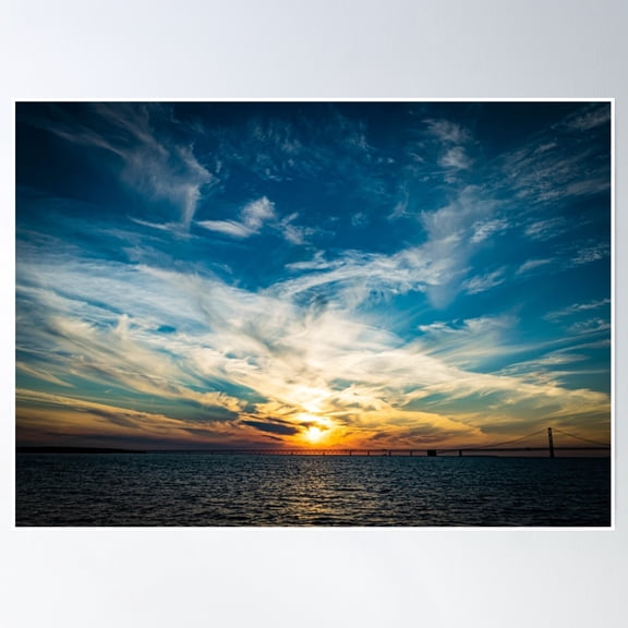 Mackinac Island Sunset Sky On The Water With Bridge Poster Wall Art, Modern Wall Decor, 8x12 UNFRAMED