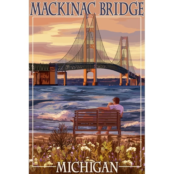 Mackinac, Michigan, Mackinac Bridge and Sunset (9x12 Wall Art Print, Home Decor)