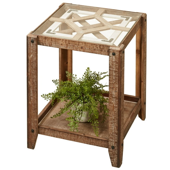 Maclaen Rustic Wooden Accent Table with Glass Top, 24 Inches High, 20 Inches Square Top
