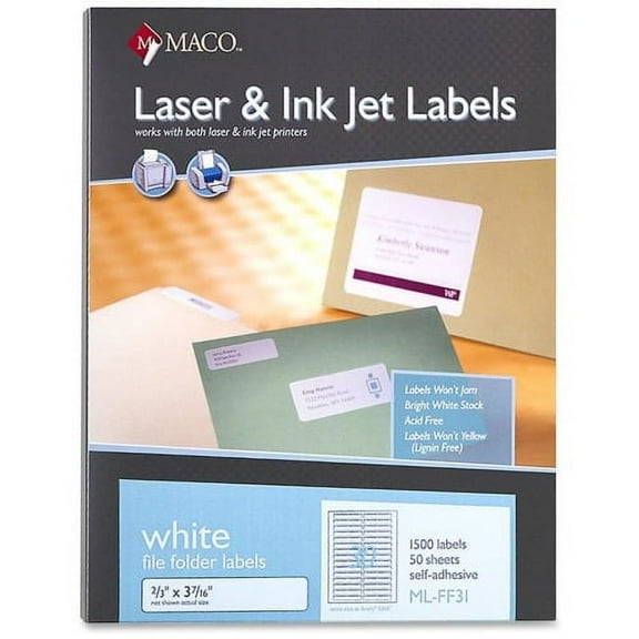 Maco Assorted Laser/Inkjet File Folder Labels Permanent Adhesive - 0.67" x 3.44" Length - Inkjet, Inkjet - White - 30 / Sheet - 1500 / Box