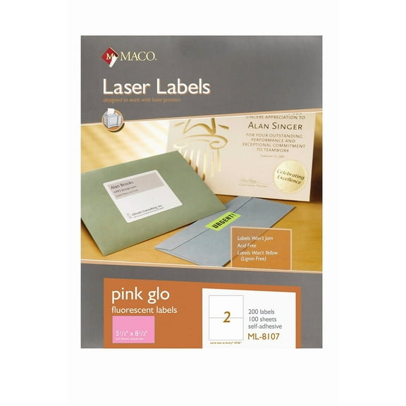 Maco Laser Pink Neon Printer Labels, 5.5" x 8.5", 2 per Sheet, 200 Count