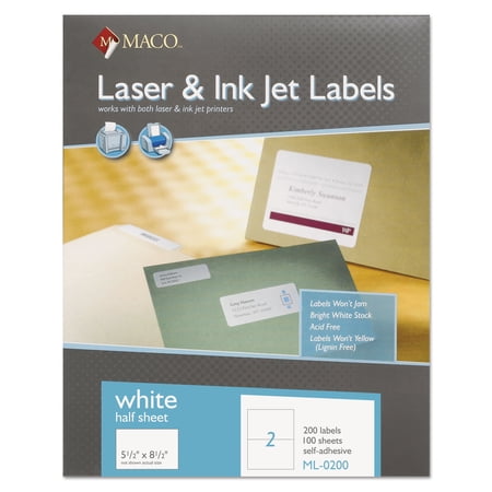 MACO White Laser/Inkjet Internet Shipping Labels, 5 1/2 x 8 1/2, 200/Box -MACML0200