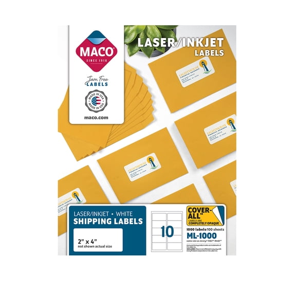 MACO Laser/Inkjet White Shipping COVER-ALL Labels, 2 x 4 Inches, 10 per Sheet, 1000 per Box