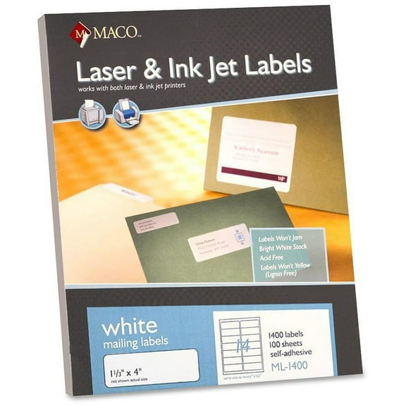 Maco, MACML1400, Multipurpose Self-Adhesive Mailing Labels, 1400 / Box, White
