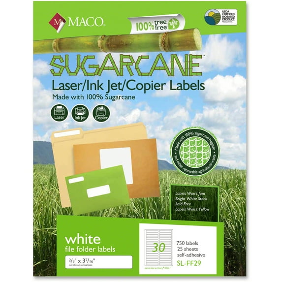 Maco, MACMSLFF29, Printable Sugarcane File Folder Labels, 750 / Pack, White