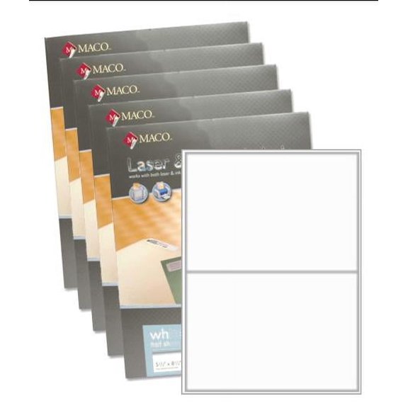 Maco ML-0200 White Half-Sheet 8.5 x 5.5 inch Laser / Inkjet All-Purpose Printer Labels, 200 Per Box - Case of 5 Boxes (1000 Labels)
