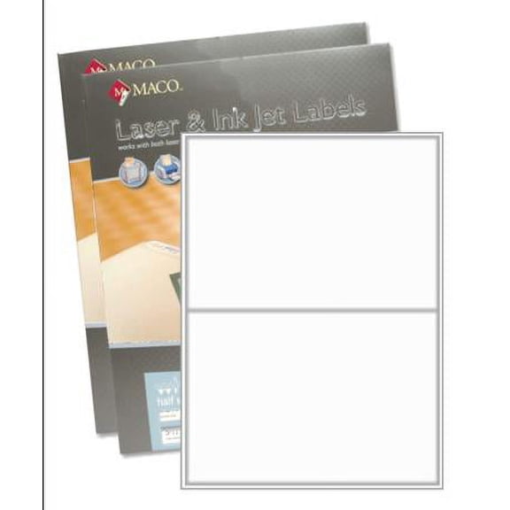 Maco ML-0200B White Half-Sheet 8.5 x 5.5 inch Laser / Inkjet All-Purpose Printer Labels, 500 Per Box - Case of 2 Boxes (1000 Labels)