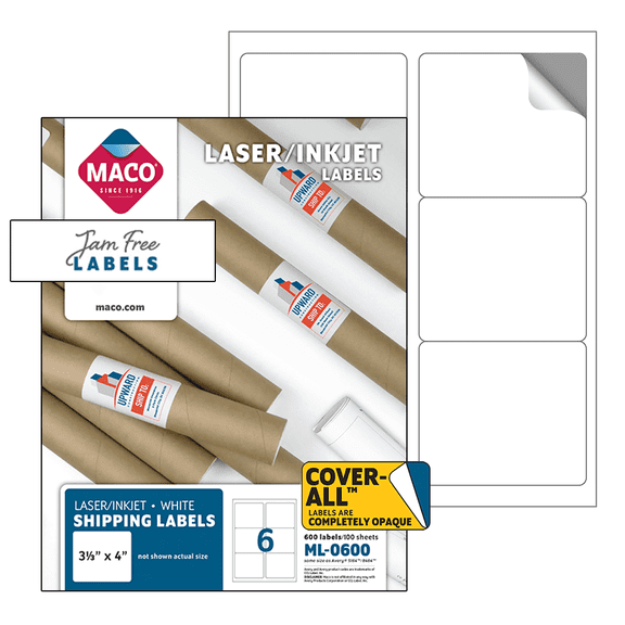 Maco ML-0600 Rectangle Printer Labels, 3.33 x 4 in, White, 600 Count, 600 Pack