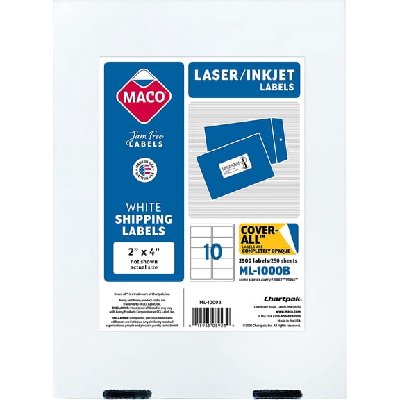 Maco ML-1000B White 4 x 2 inch Laser / Inkjet All-Purpose Printer Labels, 2500 Per Box - Case of 2 Boxes (5,000 Labels)