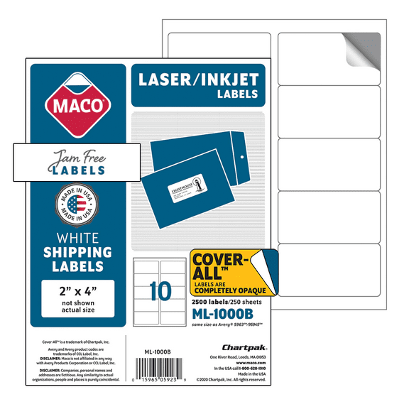 Maco ML-1000B White All-Purpose Labels, 2 x 4, 2500/Box