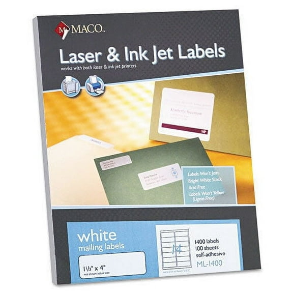 Maco ML-1400 White 4 x 1-1/3 inch Laser / Inkjet All-Purpose Printer Labels, 1400 Per Box - Case of 2 Boxes (2800 Labels)