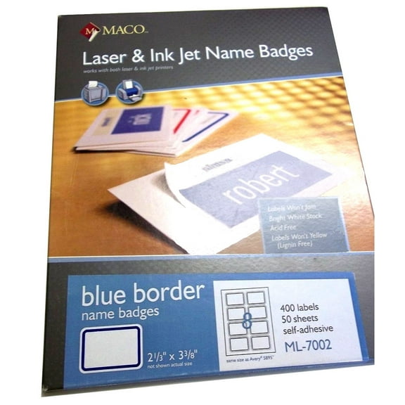 Maco, ML-7002, Laser & Ink Jet Name Badges, 2 1/3" x 3 3/8", 8-Up, Self Adhesive, Blue Border - Box of 400 Labels / 50 Sheets