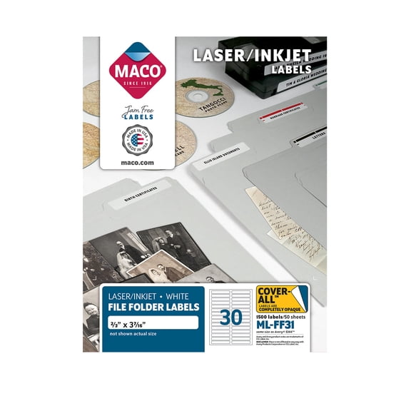 MACO Laser/Inkjet White File Folder COVER-ALL Labels, 2/3 x 3-7/16 Inches, 30 per Sheet, 1500 per Box