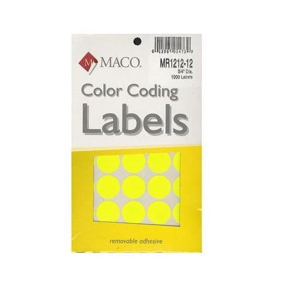 Maco MR1212-12 Yellow Glo Color Coding Labels, Round 3/4", 6 Boxes of 1000 (6,000 Labels)