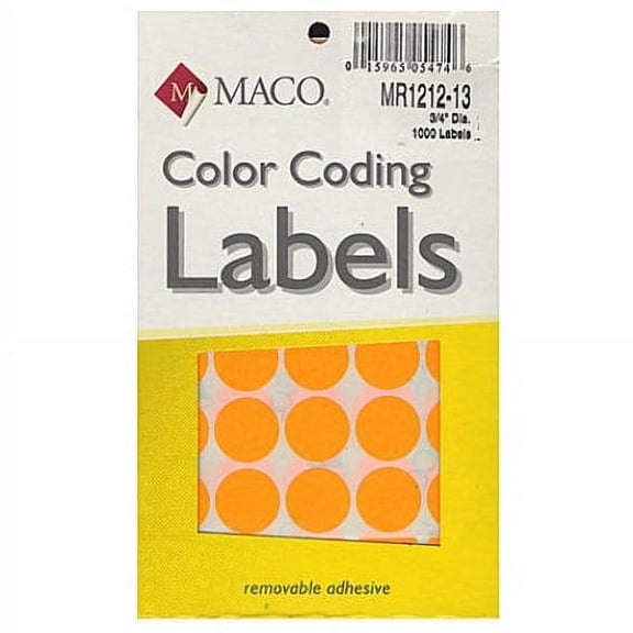 Maco MR1212-13 Orange Glo Color Coding Labels, Round 3/4", 6 Boxes of 1000 (6,000 Labels)