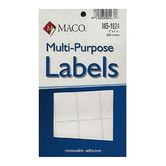 Maco Multi-Purpose Handwrite Labels, White Rectangular 1" x 1-1/2", 500 Per Box - PACK OF 6 BOXES (3,000 TOTAL LABELS)