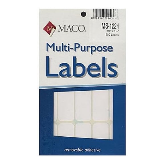 Maco Multi-Purpose Handwrite Labels, White Rectangular, 3/4" x 1-1/2", 500 Per Box - Pack of 4 Boxes