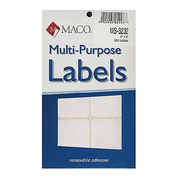 Maco Multi-Purpose Handwrite Labels, White Square, 2" x 2", 250/Box - PACK OF 6 BOXES (1500 TOTAL LABELS)