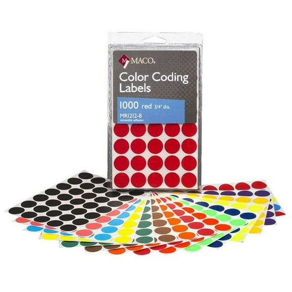 Maco Removable Color-Coding Labels  1.25" x 2", Easy-Peel Adhesive, Multi-Color, 100 Labels per Pack  Model MMR12128.1