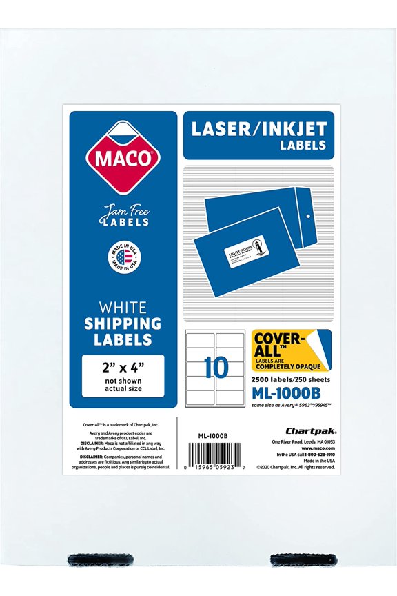 Shipping Rectangle 2" X 4" Labels, White Opaque (ML1000B) - 250 Sheets (2500 Labels)
